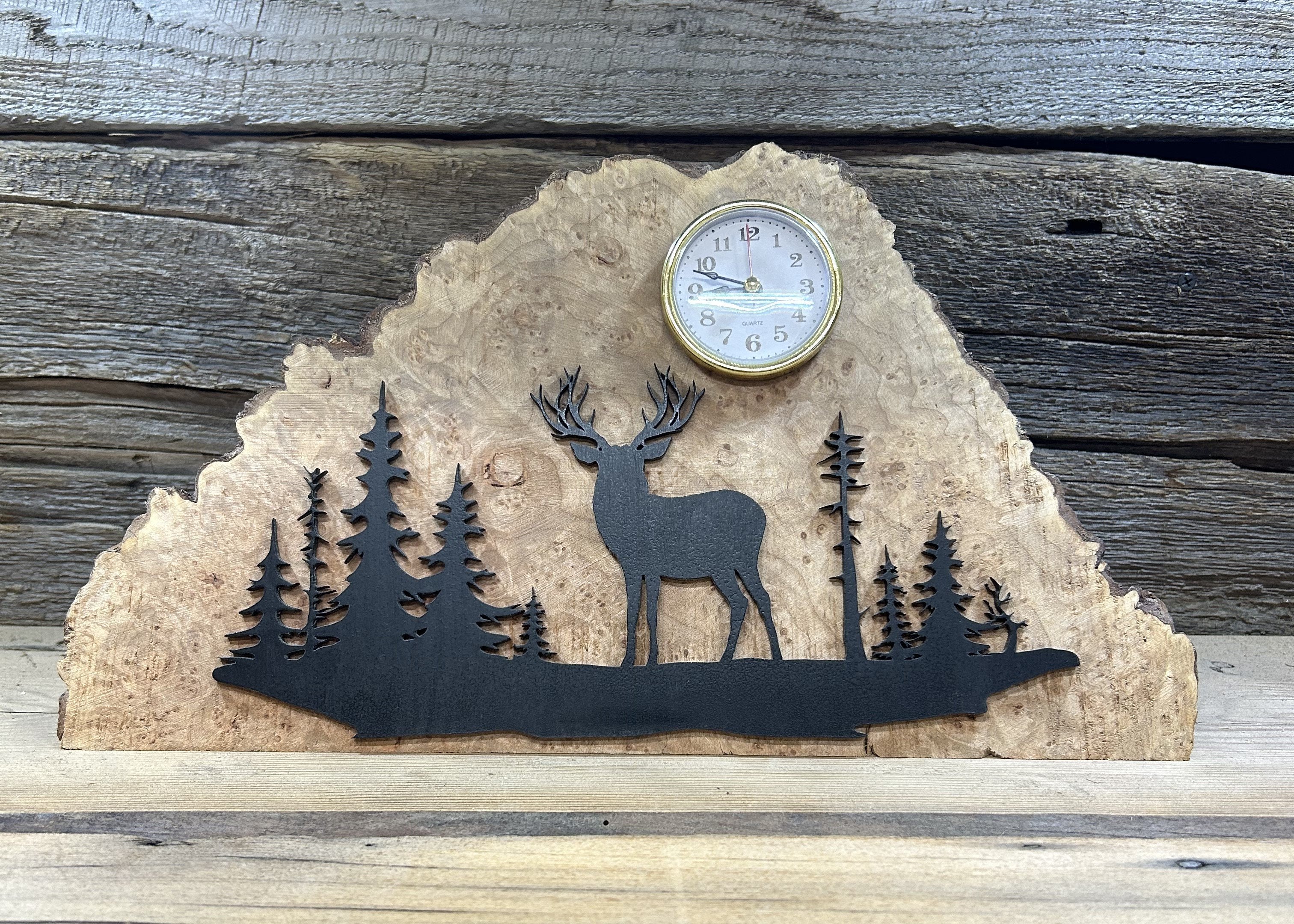 Unique wall clock featuring a deer silhouette on wood, ideal for showcasing specialty products in home decor.