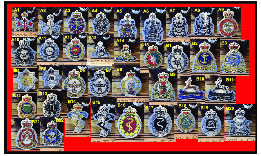 Collection of embroidered badges featuring various designs and emblems on a red background.