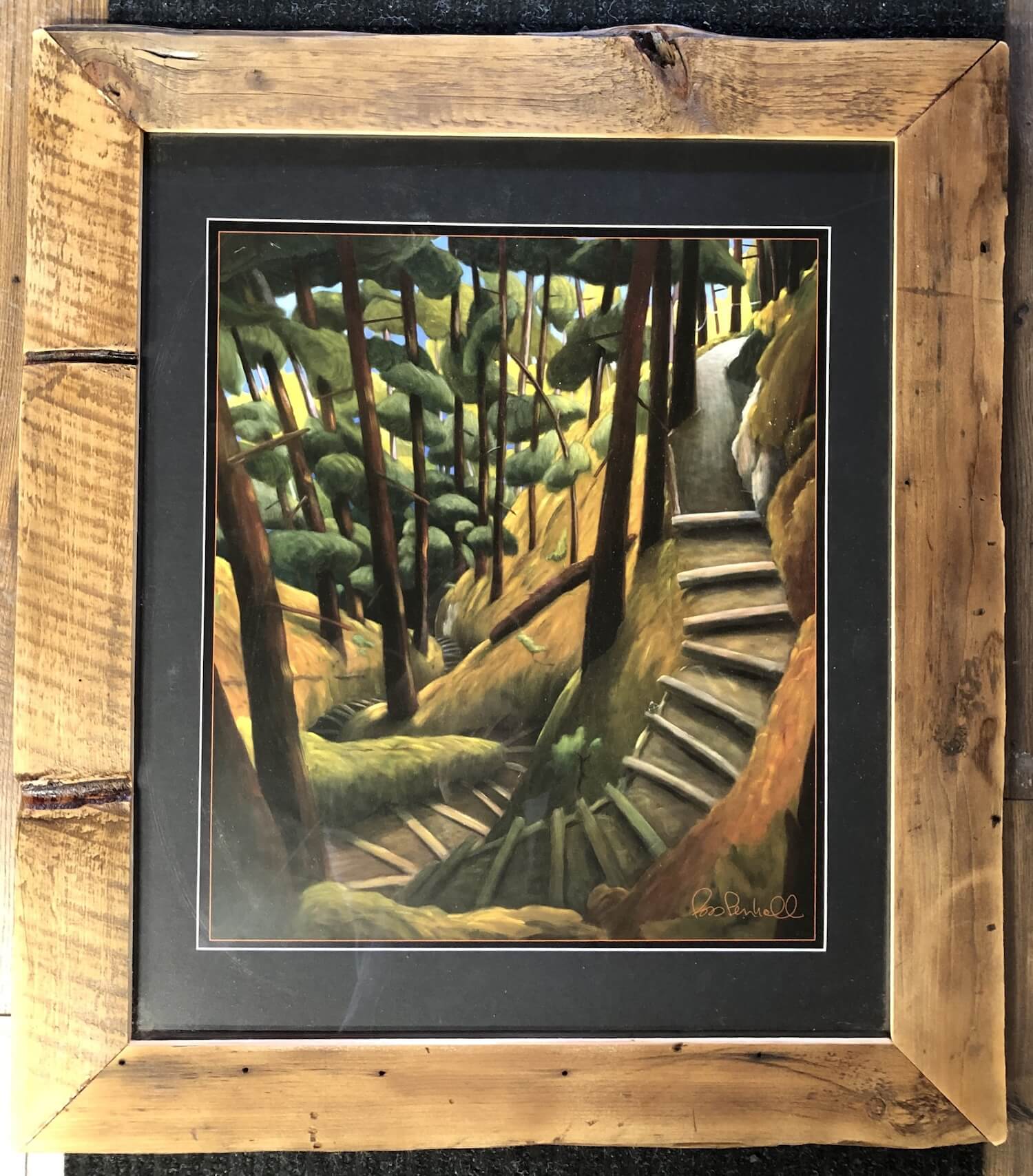 A scenic painting of a wooded path with stairs, showcasing nature and artistic skill in a framed artwork.