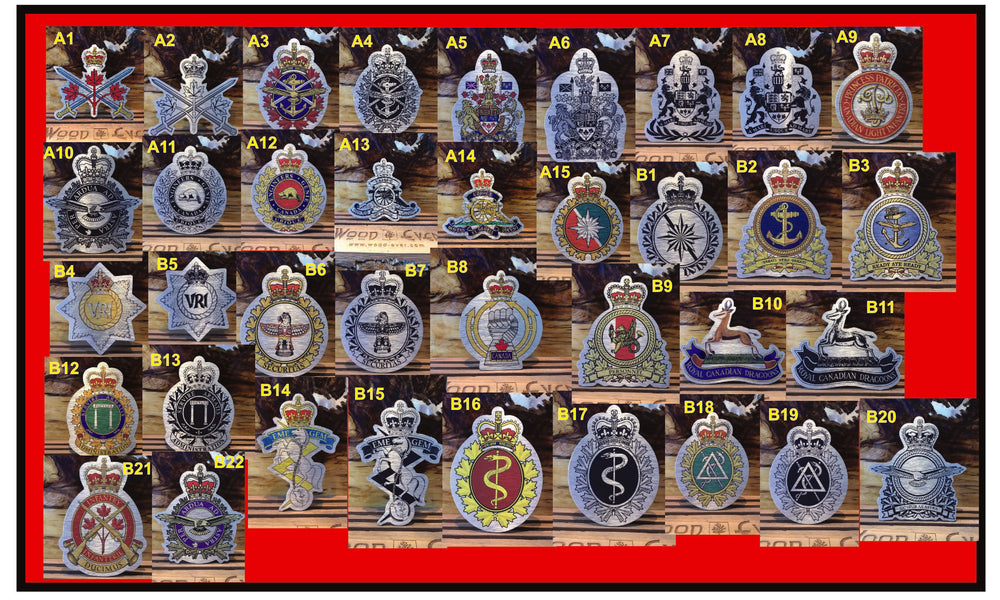 Coloured aluminum crest display featuring various military and organizational emblems on a vibrant red background.