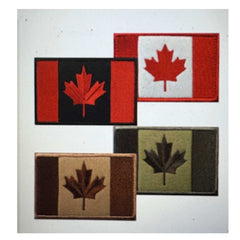 four embroidered Canadian flag patches featuring different designs and colors