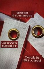 Close-up of brass grommets, canvas header, and double stitched details on an embroidered Canadian flag.