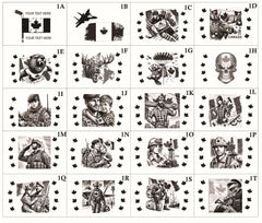 Collection of illustrations depicting Canadian symbols and figures framed by maple leaves.