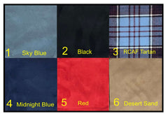 Coliseum shadow box display fabric options in various colors: Sky Blue, Black, RCAF Tartan, Midnight Blue, Red, Desert Sand.