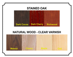 Color samples of Stained Oak and Natural Wood with clear varnish options including Dark Cocoa, Dark Cherry, and Walnut.