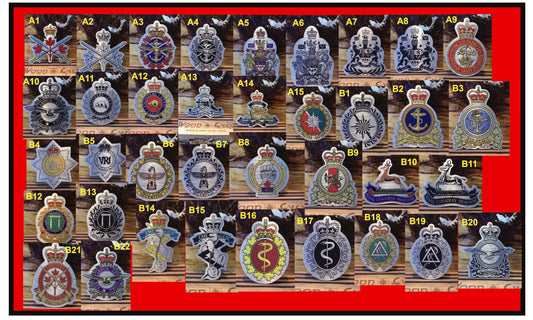 Coloured aluminum crest display featuring various military and organizational emblems on a vibrant red background.