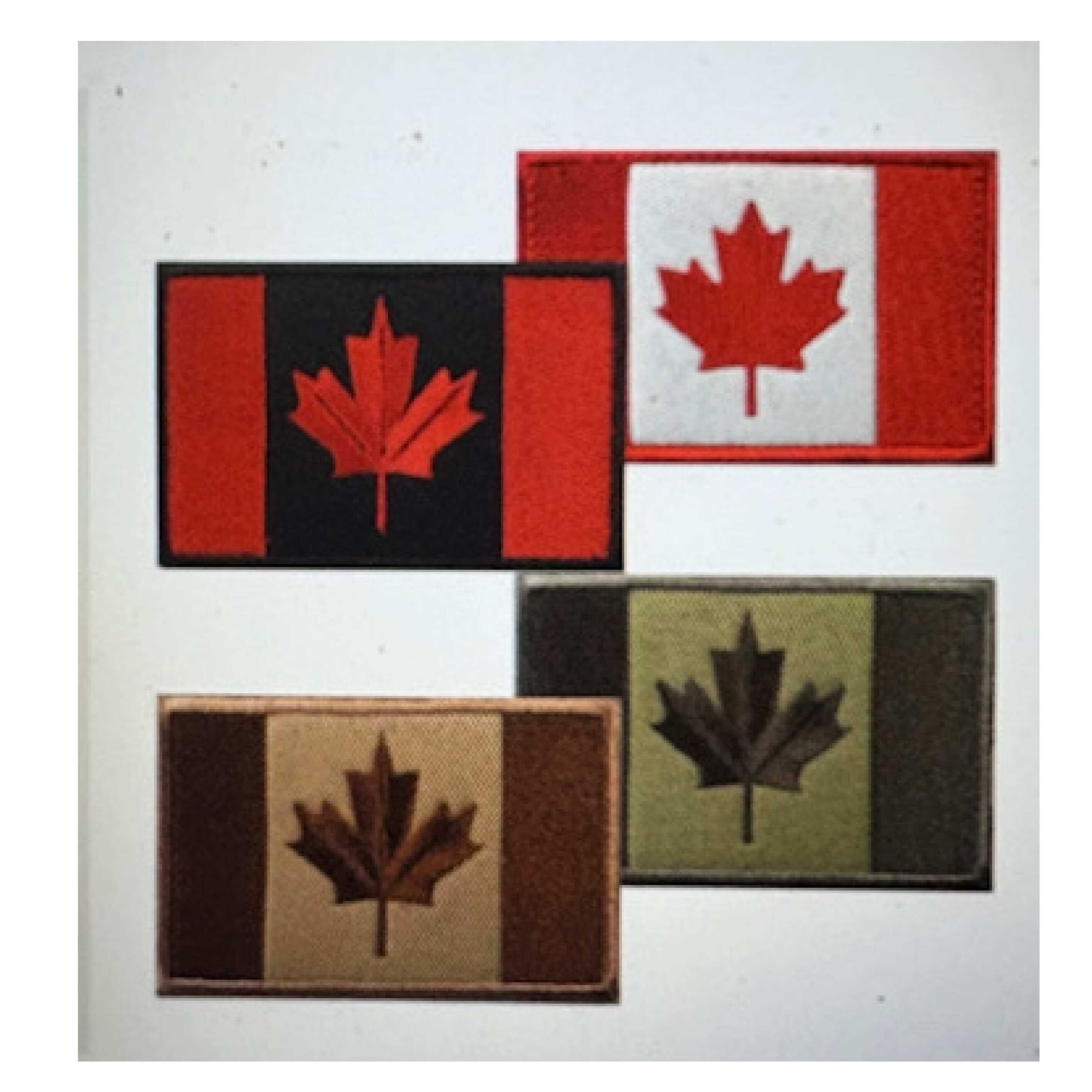 four embroidered Canadian flag patches featuring different designs and colors