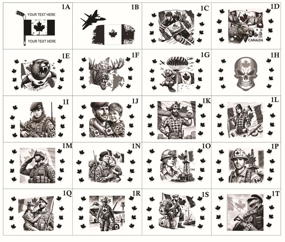 Collection of illustrations depicting Canadian symbols and figures framed by maple leaves.